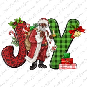 May include: A red, white, and black Santa Claus holding a candle stands in front of the letters "J" and "Y". The "J" is covered in a leopard print pattern and the "Y" is covered in a green and white plaid pattern. The letters are decorated with holly, candy canes, and bells.