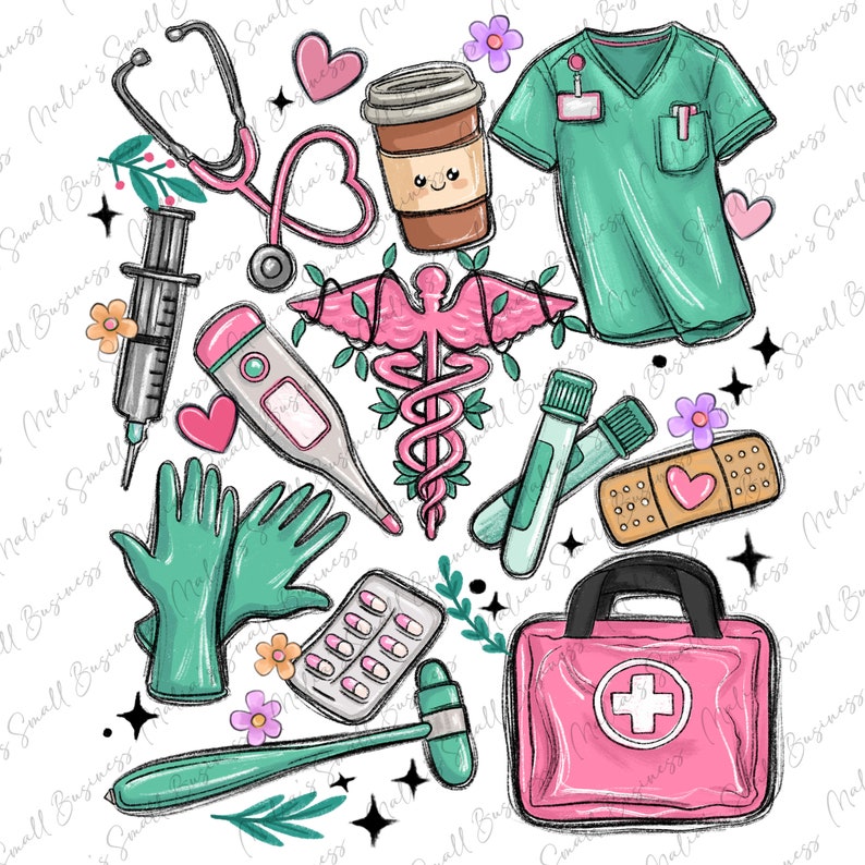 K&ouml;nnte beinhalten: Eine Sammlung von medizinischen Illustrationen, darunter ein Stethoskop, eine Spritze, ein Thermometer, ein Caduceus, eine Erste-Hilfe-Box, ein Verband, Pillen, ein Reflexhammer, eine Tasse Kaffee und ein Paar gr&uuml;ne Handschuhe.