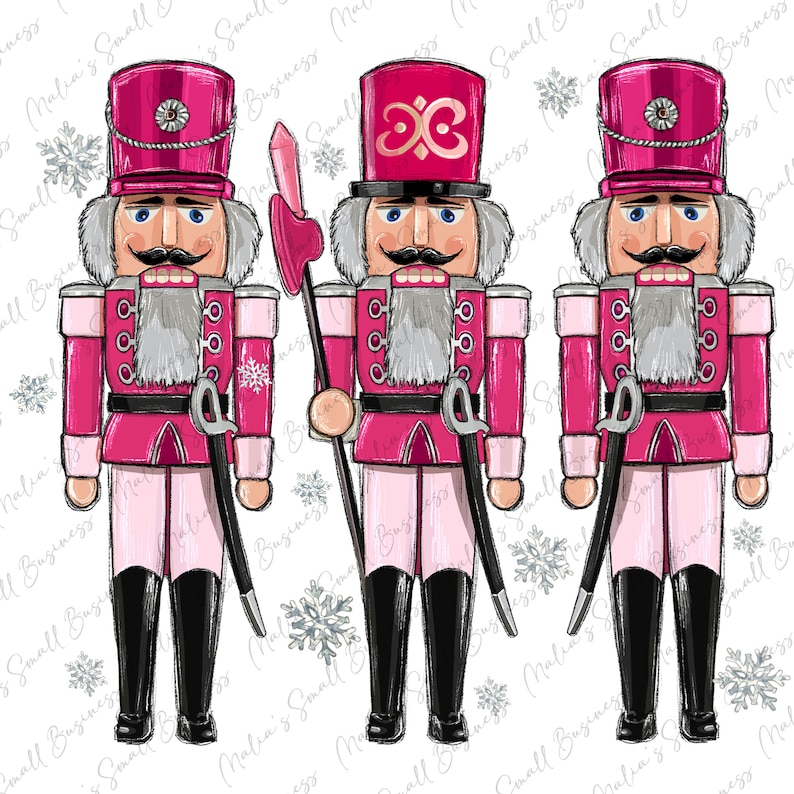 May include: Three pink and white Christmas nutcracker figurines with black accents. The nutcrackers are wearing black hats with gold trim and have black swords. The nutcrackers are standing on a white background with snowflakes.