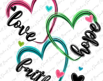 Fé esperança amor png download de design de sublimação, cristão png, Deus png, religioso png, corações coloridos png, download de designs sublimados
