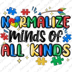 Puede incluir: Un diseño gráfico colorido con el texto "NORMALIZE minds of ALL KINDS" en negro. El diseño presenta piezas de rompecabezas en rojo, azul, verde y amarillo, junto con una pieza de rompecabezas en forma de corazón y una flecha arcoíris.