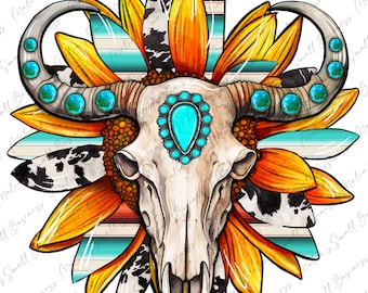 Western bull skull sunflower png sublimation design download, western sunflower png, bull skull png, sublimate designs download