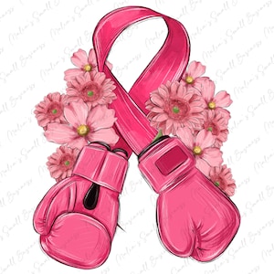 May include: Pink boxing gloves with a pink ribbon and pink flowers. The ribbon is tied in a bow and the flowers are arranged around the gloves.