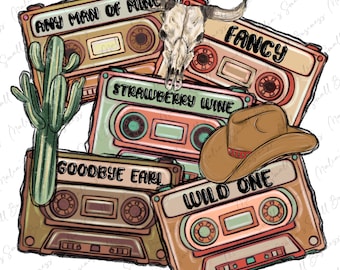 May include: Five vintage cassette tapes with country music song titles printed on them. The titles are "Any Man of Mine", "Fancy", "Strawberry Wine", "Goodbye Earl", and "Wild One". A cactus, a cowboy hat, and a skull are also in the image.