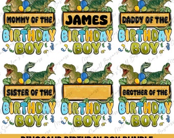 May include: Five digital images featuring a green dinosaur with a yellow balloon. Each image has a different text overlay. The text overlays are "Mommy of the Birthday Boy", "James Birthday Boy", "Daddy of the Birthday Boy", "Sister of the Birthday Boy", and "Brother of the Birthday Boy".