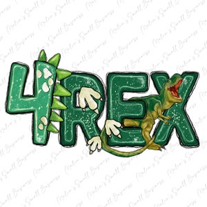 Op de afbeelding: Groen en wit grafisch ontwerp van het getal 4 en het woord REX met een dinosaurus illustratie. De dinosaurus is groen en heeft een lange staart.