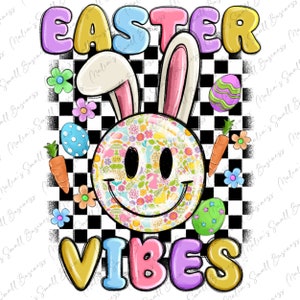 May include: A colorful Easter-themed graphic with the text "EASTER VIBES" in a rainbow font. A smiley face with bunny ears is surrounded by Easter eggs, carrots, and flowers on a black and white checkered background.