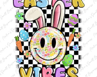 May include: A colorful Easter-themed graphic with the text "EASTER VIBES" in a rainbow font. A smiley face with bunny ears is surrounded by Easter eggs, carrots, and flowers on a black and white checkered background.