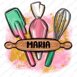 May include: A pink and green spatula, a pink piping bag, and a silver whisk are arranged on a wooden rolling pin with the word "MARIA" written on it. The background is a pink and gold glitter design.