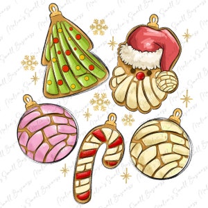 以下が含まれることがあります： クリスマスの飾り付けに最適な、6つのオーナメントのセットです。水彩画のようなタッチで描かれた、クリスマスツリー、サンタクロース、キャンディーケーン、メキシコの甘いパン3種類がモチーフになっています。