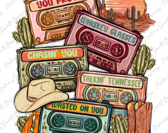 Country cassette tapes png sublimation design download, western cowboy png, rodeo png, vintage cassette png, sublimate designs download