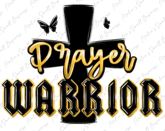 Könnte beinhalten: Ein schwarzes Kreuz mit goldener Umrandung und den Worten "Prayer Warrior" in goldenen Buchstaben. Das Kreuz befindet sich auf einem weißen Hintergrund mit zwei Schmetterlingen.