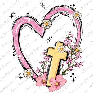 May include: A pink glitter heart with a gold cross surrounded by pink and white flowers. The heart is outlined in black and has a sparkly texture.