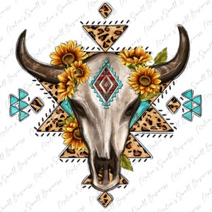May include: A white cow skull with brown horns is surrounded by sunflowers and a geometric pattern of turquoise and leopard print. The skull is centered in the design, with the sunflowers and geometric pattern arranged around it.