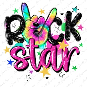 Könnte beinhalten: Ein pinkfarbenes und schwarzes Grafikdesign mit dem Text "ROCK STAR" und einer Batik-Hand, die die Rock'n'Roll-Handgeste macht. Das Design ist von bunten Sternen umgeben.