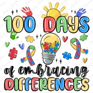May include: Colorful illustration of a lightbulb filled with puzzle pieces, a ribbon, and handprints. The text "100 Days of Embracing Differences" is written in a colorful, playful font.