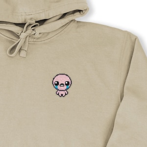 Encuadernación de Isaac bordado Pixel Art sudadera con capucha - Cross-Stitch Pixel Art, moda de juegos, regalo de jugador, encuadernación de ropa temática de Isaac, unisex