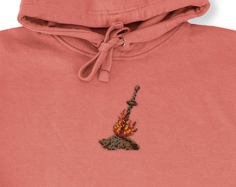 Bonfire Embroidered Pixel Art Hoodie - Cross-Stitch Pixel Art, Dark Souls Inspired, Gamer Gift, Gaming-Themed Apparel, Unisex Cozy Hoodie