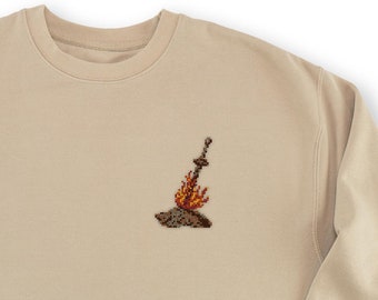 Bonfire Embroidered Pixel Art Sweater - Cross-Stitch Pixel Art, Dark Souls Inspired, Gamer Gift, Gaming-Themed Apparel, Unisex Cozy Sweater