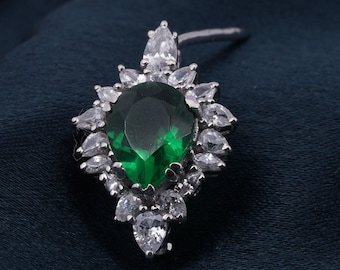 Pear Cut Emerald Brooch Pin, Diamond 14K Gold, Sterling Silver Jewelry