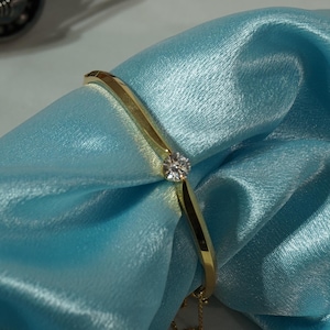 Minimalist Moissanite/Diamond Bangle Bracelet Round Cut Diamond Yellow Gold Bracelet Anniversary Gift For Her, 925 Sterling Silver Jewelry