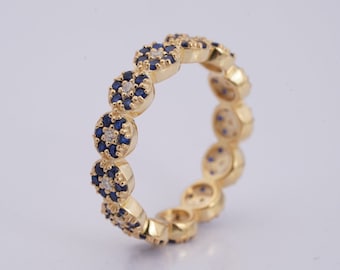 Blue Sapphire Diamond Flower Wedding Eternity 14K Gold Band Ring