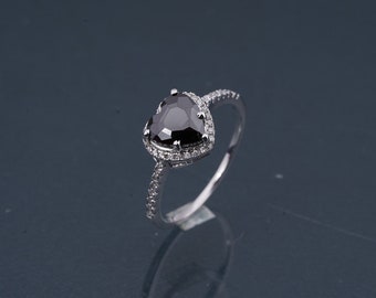 Black Onyx Heart Ring, Dainty 14K Gold Plated Sterling Silver