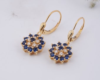 Blue Sapphire Flower Earrings, 14K Gold Lever Back, Sterling Silver