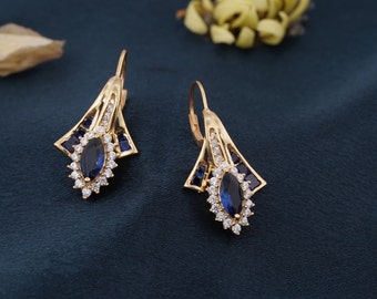 Handmade 14K Gold Marquise Sapphire Diamond Drop Earrings