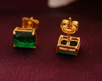 Emerald Green Crystal Stud Earrings, 14K Gold Plated Sterling Silver