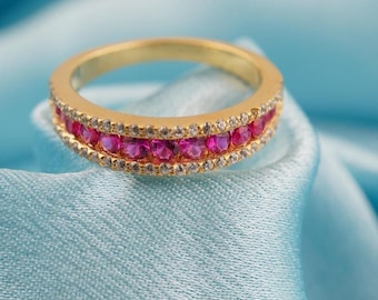 Vintage Ruby Wedding Band,Unique Couple Ring,Matching Stacking Ring For Women,Men 14K Yellow Gold Ring,Micro Pave Eternity Anniversary Ring