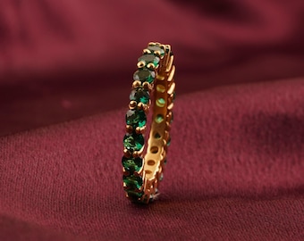 Emerald Eternity Band Ring, Dainty Gold Sterling Silver Stacking Ring