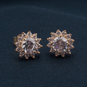 14K Gold Floral Stud Earrings for Women, Round Moissanite Push Back Earrings, Handmade 925 Sterling Silver Gift for Her, Everyday Jewelry