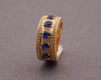 Blue Sapphire Men&#39;s Band 925 Sterling Silver, 14K Yellow Gold Ring Handmade Sapphire Gemstone AAA Quality Ring, Personalized Gift For Men