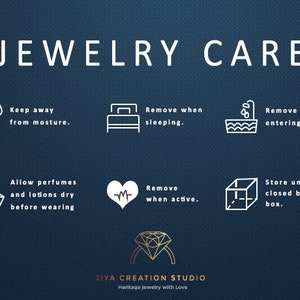May include: A navy blue graphic with white text and icons detailing jewelry care instructions. The text reads "JEWELRY CARE" and includes tips like avoiding moisture, removing jewelry before sleeping, and storing in a closed bag.