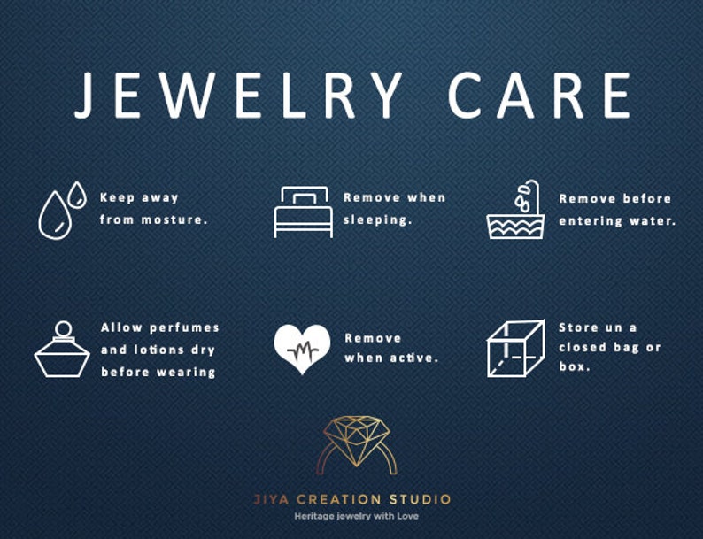May include: A navy blue graphic with white text and icons detailing jewelry care instructions. The text reads "JEWELRY CARE" and includes tips like avoiding moisture, removing jewelry before sleeping, and storing in a closed bag.