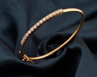 Moissanite Half Eternity Bangle Bracelet, 14K Gold Plated 925 Silver