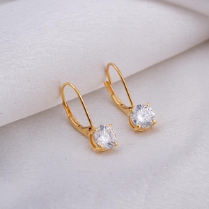 Gold Solitaire Earrings, 1CT Round Cut Moissanite Dangle Earrings for Women, Classic Leverback Drop Earrings, Dainty Handmade Gift Jewelry