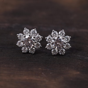 Round Moissanite/Diamond Stud Earrings, Flower Moissanite Push Back Earrings, Wedding/Anniversary Gift For Her 925 Sterling Silver Stud