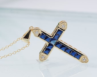 Blue Sapphire Cross Pendant Necklace, 14K Gold, Handmade Jewelry