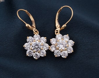 GRA Moissanite Flower Earrings, 14K Gold Plated Sterling Silver Lever Back Drop