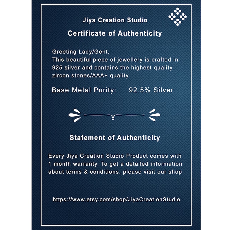 May include: A dark blue certificate from Jiya Creation Studio, with white text. The certificate states the jewelry is crafted in 925 silver with zircon stones. It includes a warranty statement and the Etsy shop URL.