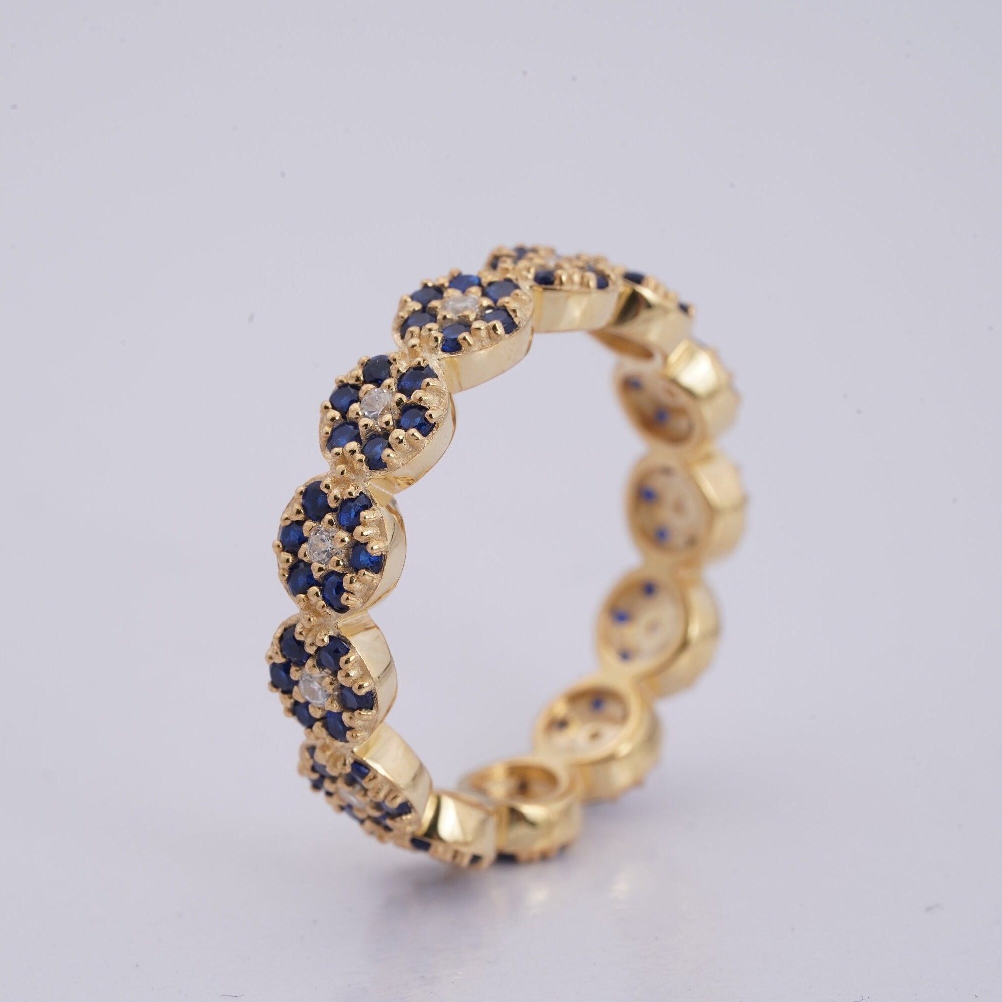 Blue Sapphire Band Ring For Women's Round Cut Diamond Wedding/Engagement Band For Her 14K Yellow Gold Band Anniversary Gift For Her