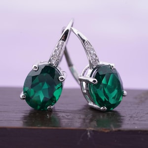Emerald Green Drop Earrings, Silver Oval Dangle Earrings for Women, Diamond Crystal Hook Earrings, May Birthstone Gift, Bridesmaid Jewelry