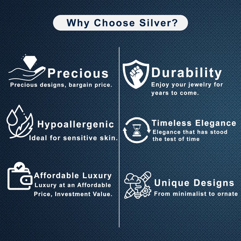 May include: An infographic titled "Why Choose Silver?" displays six reasons to choose silver jewelry. The reasons include precious designs, durability, hypoallergenic properties, timeless elegance, affordable luxury, and unique designs.