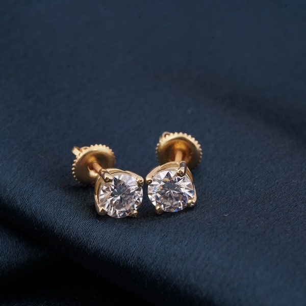 Diamond Round Cut Certified Moissanite Screw Back Stud Earrings , Earrings For Women's , Gift For Her Minimalist 14K Gold Earrings