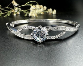 Moissanite Diamond Bangle Bracelet, Handmade 925 Sterling Silver, 14K White Gold
