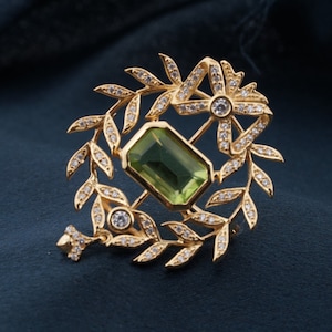 Peridot Brooch , Emerald Cut Green Peridot Diamond Wedding Brooch For Women's , 14K Gold Brooch 925 Sterling Silver Brooch Jewelry
