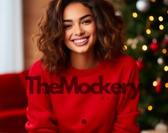 Red Gildan 18000 Mockup | Crewneck jumper |  Long sleeve  | Winter Imagery | Product Photography | Holidays style  |  Christmas photo