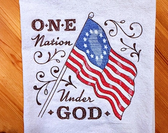 Patriotic One Nation, Under God Machine Embroidered on Flour Sack Tea Towel